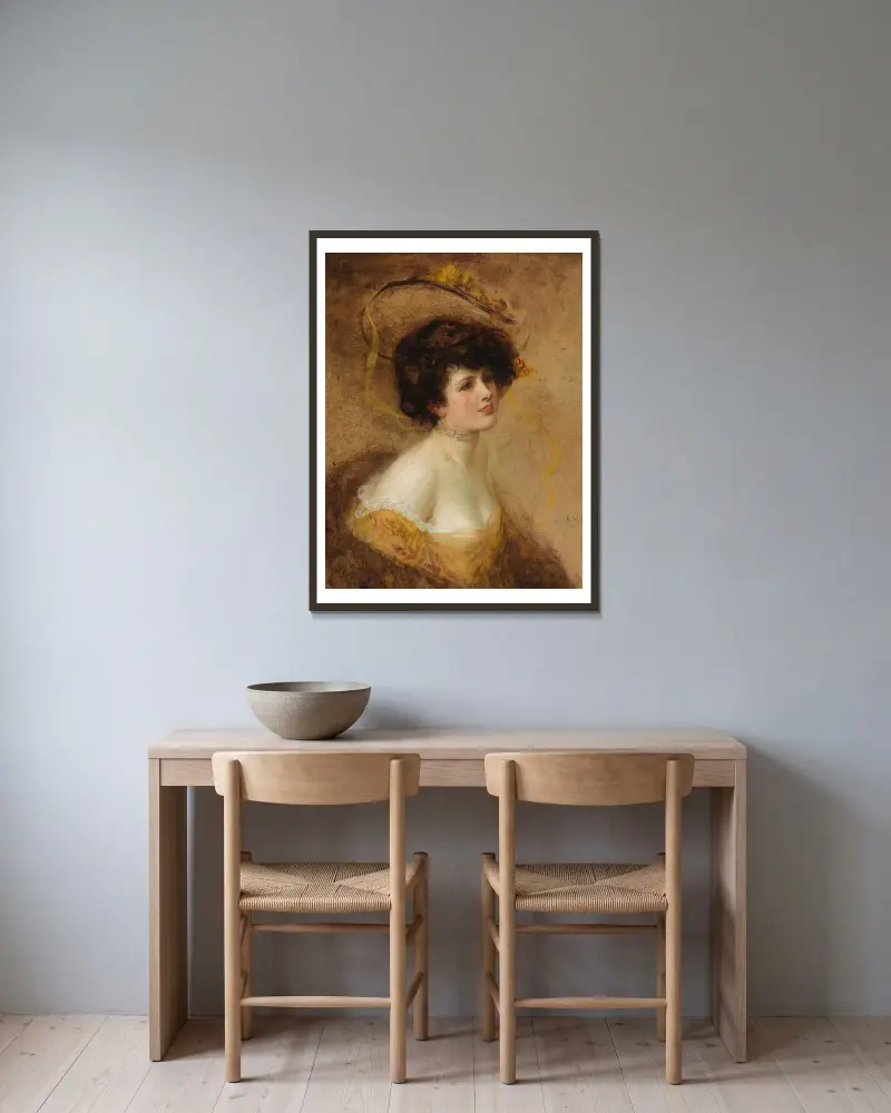 Dame mit Hut in gelbem Kleid – nr 1 av Eduard Veith inramad på en vägg