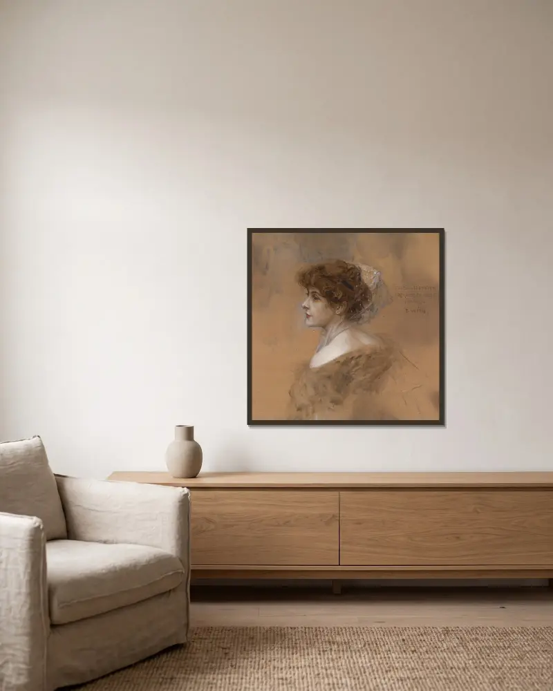 Dreiviertelporträt einer jungen Frau von Eduard Veith gerahmt an einer Wand
