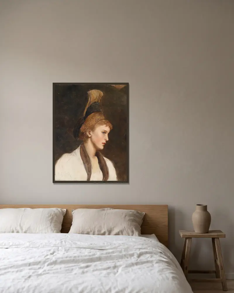 Kvinna i profil med gyllene huvudbonad av Eduard Veith inramad på en vägg