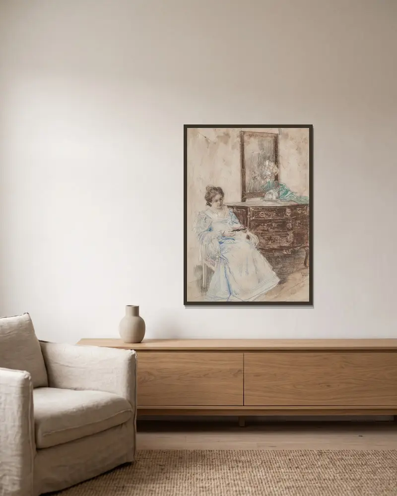 Lesende Frau von Eduard Veith gerahmt an einer Wand