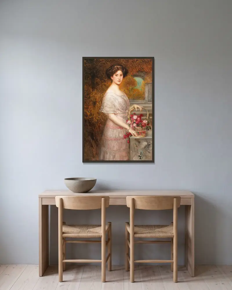 Porträt Annie Sussanka av Eduard Veith inramad på en vägg