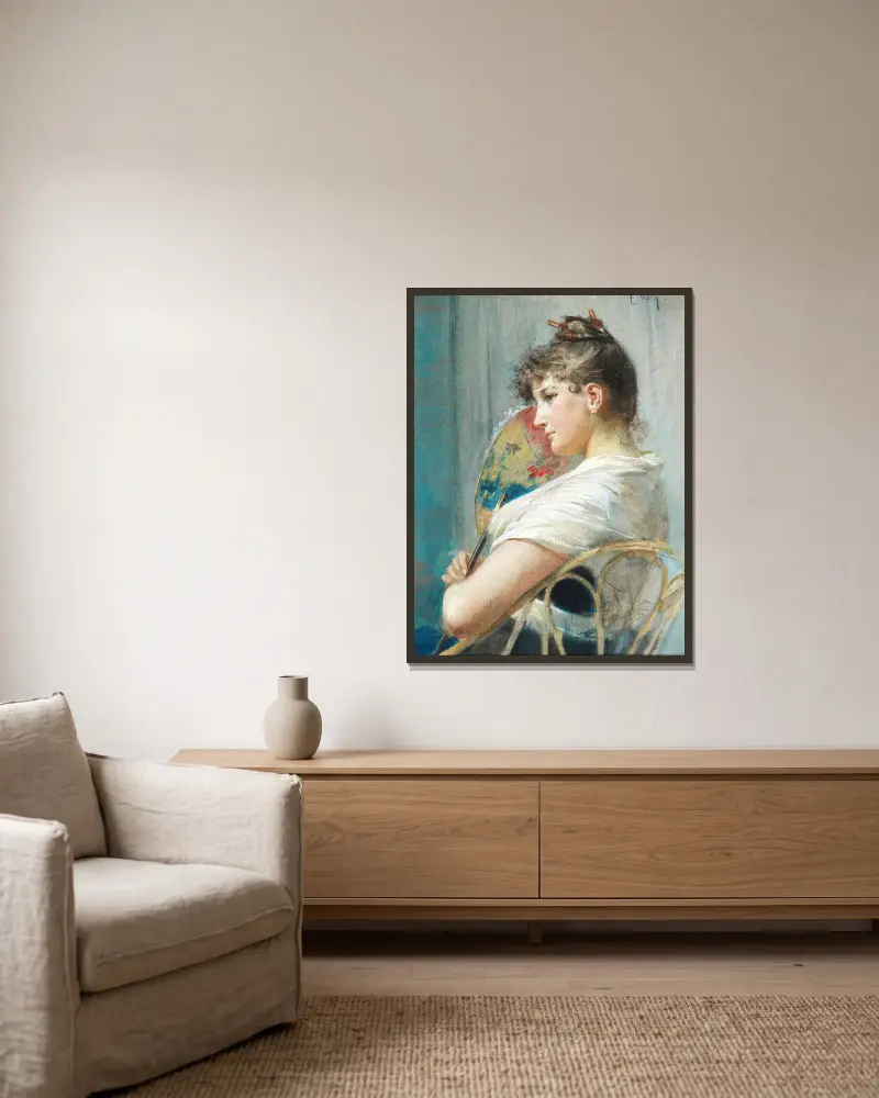 Der japanische Fächer von Eduard Veith gerahmt an einer Wand