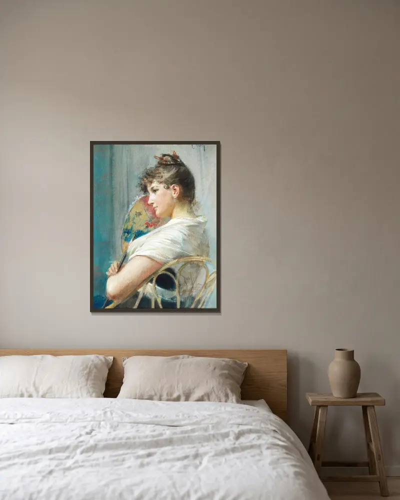 Der japanische Fächer von Eduard Veith gerahmt an einer Wand