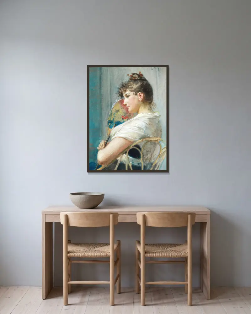 Der japanische Fächer von Eduard Veith gerahmt an einer Wand