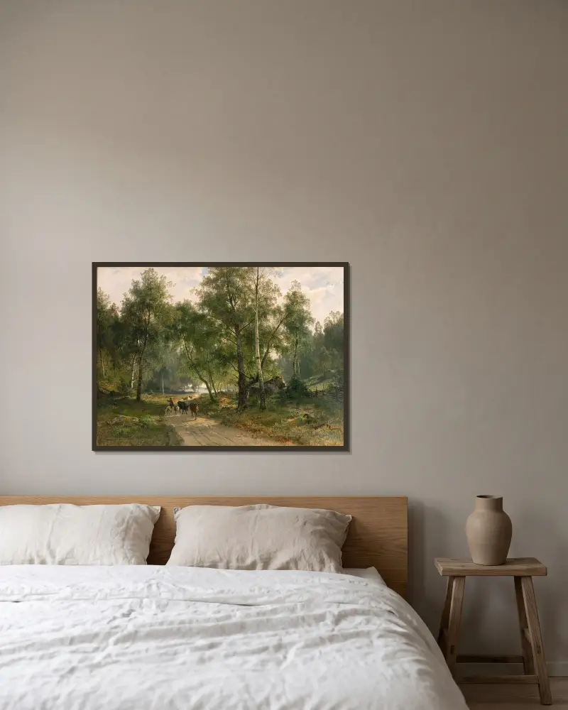 Beneath the Birches. Motif from Mälaren av Edvard Bergh inramad på en vägg