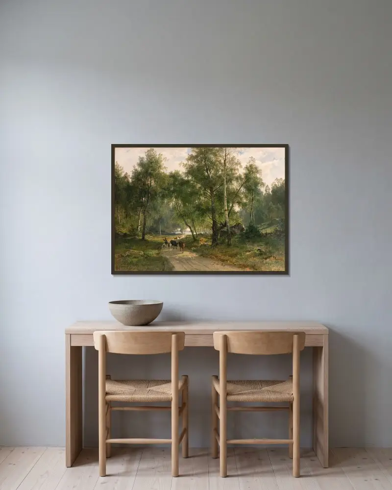 Beneath the Birches. Motif from Mälaren av Edvard Bergh inramad på en vägg