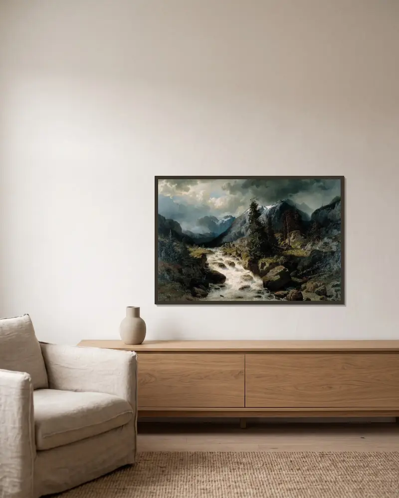 Landscape with Waterfall from the Canton of Uri, Switzerland av Edvard Bergh inramad på en vägg