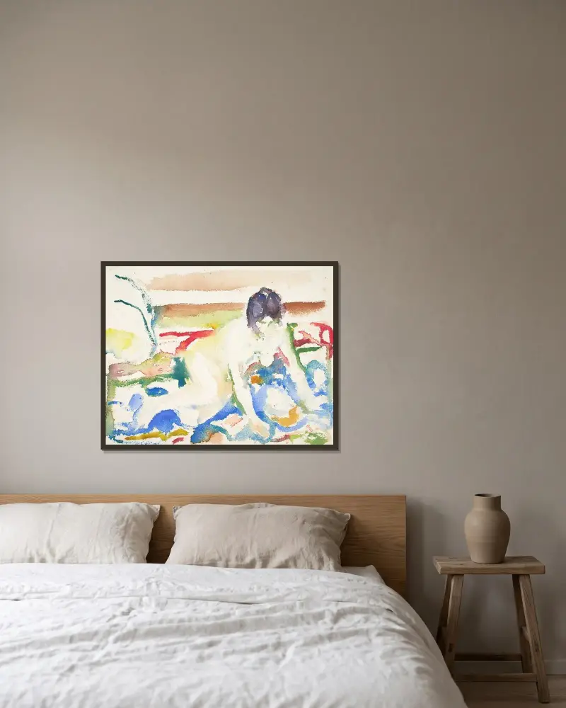 Akt på mønstret teppe av Edvard Munch inramad på en vägg