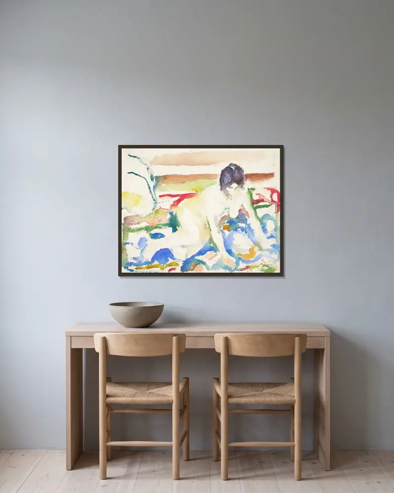 Akt på mønstret teppe av Edvard Munch inramad på en vägg