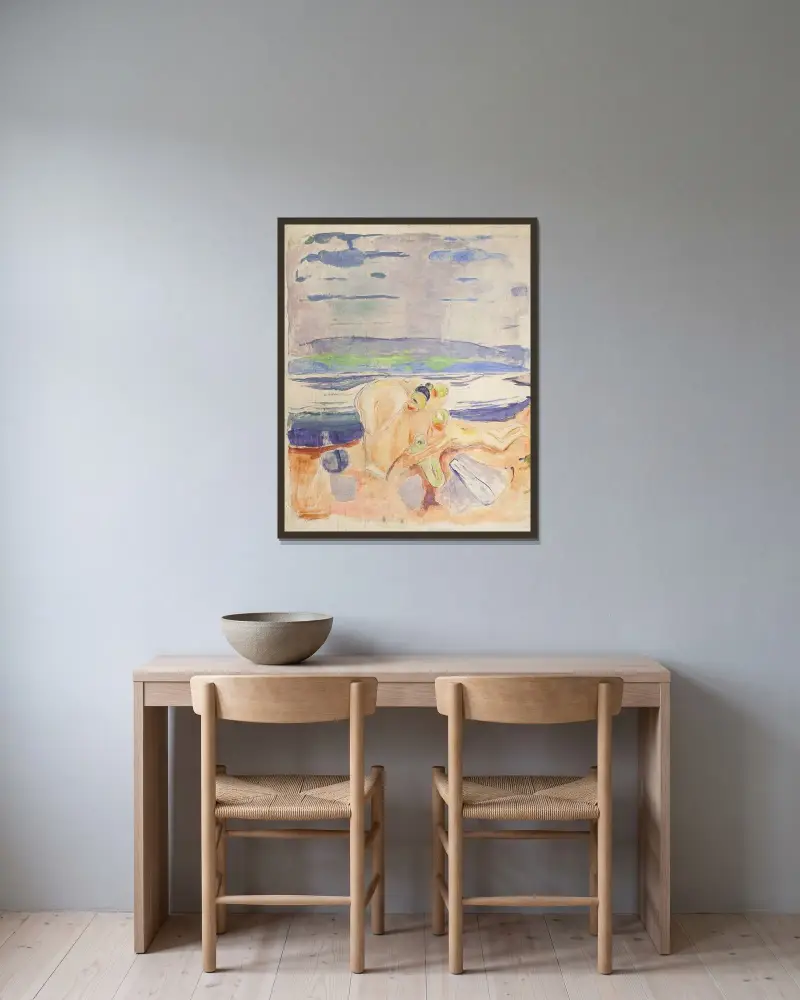 Alma Mater; zkoumající děti, Edvard Munch v rámu na stěně