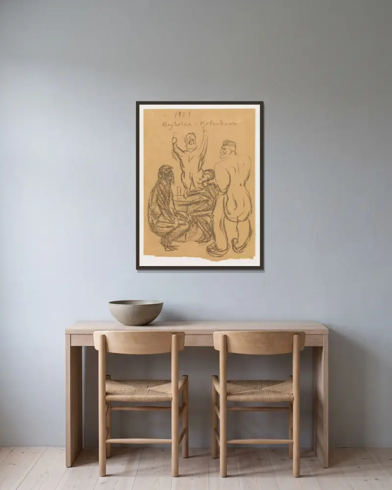 Bagholdet i København av Edvard Munch inramad på en vägg