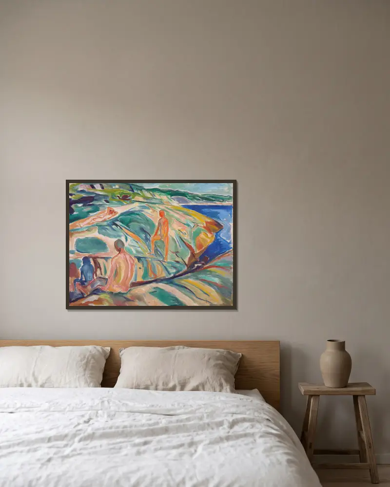 Badende Männer auf Felsen von Edvard Munch gerahmt an einer Wand