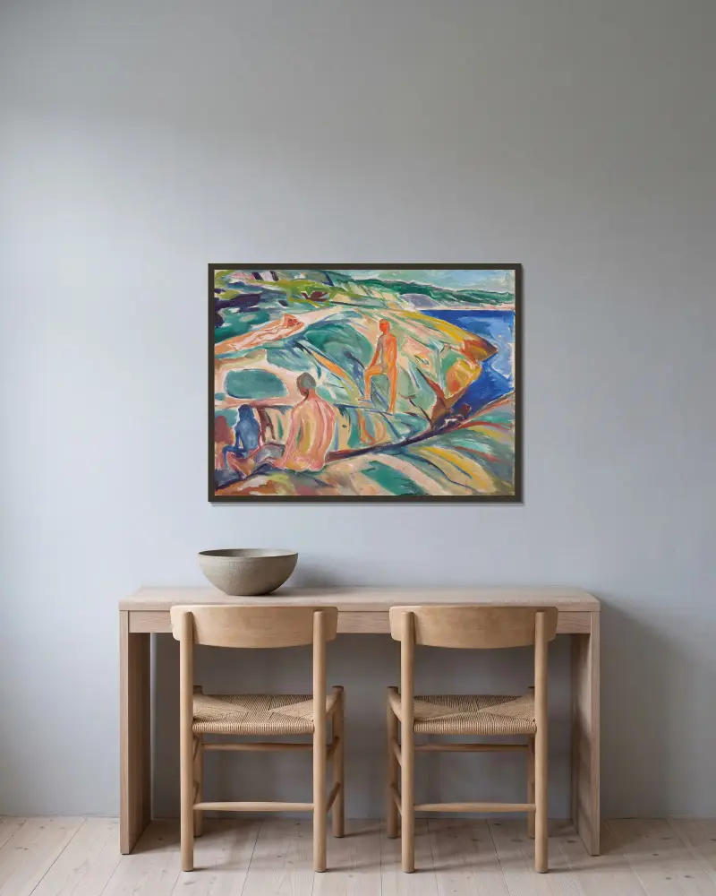 Badende Männer auf Felsen von Edvard Munch gerahmt an einer Wand