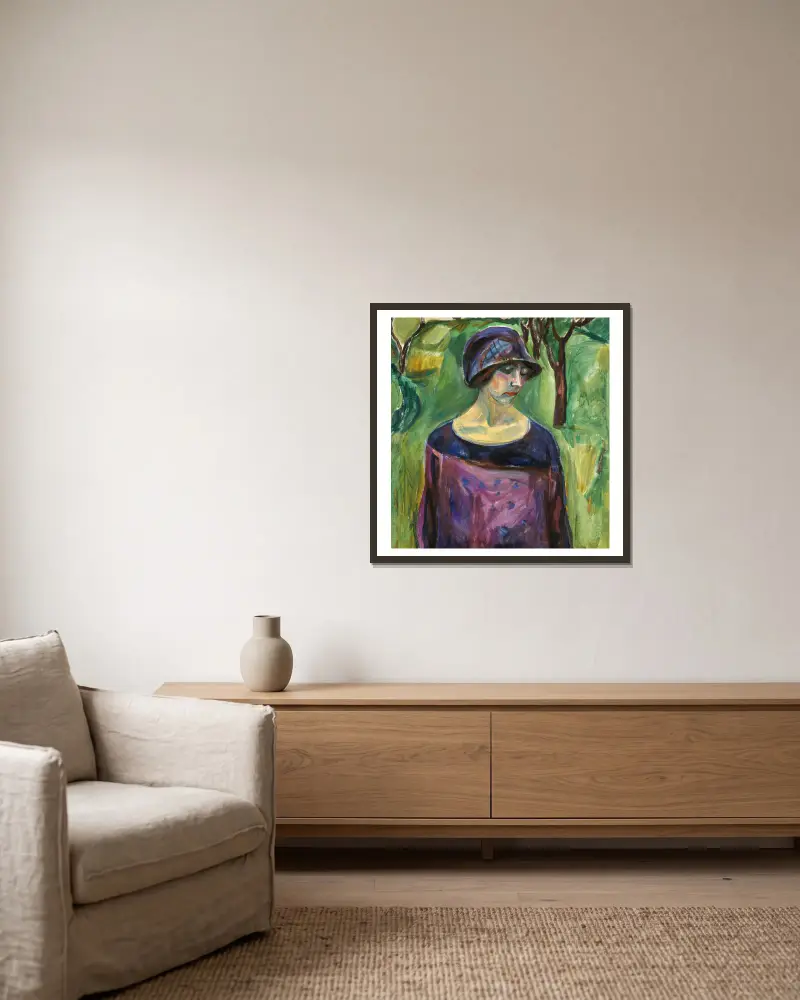 Birgit Prestøe v zahradě, Edvard Munch v rámu na stěně