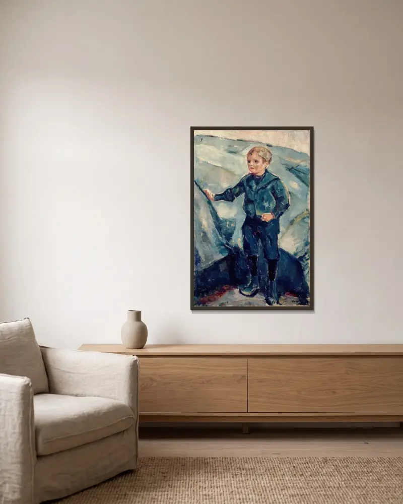 Chlapec v modrém, Edvard Munch v rámu na stěně