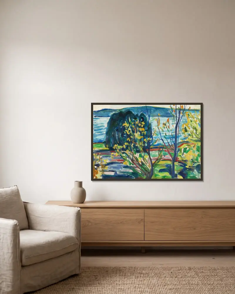 Fjordlandschaft von Edvard Munch gerahmt an einer Wand