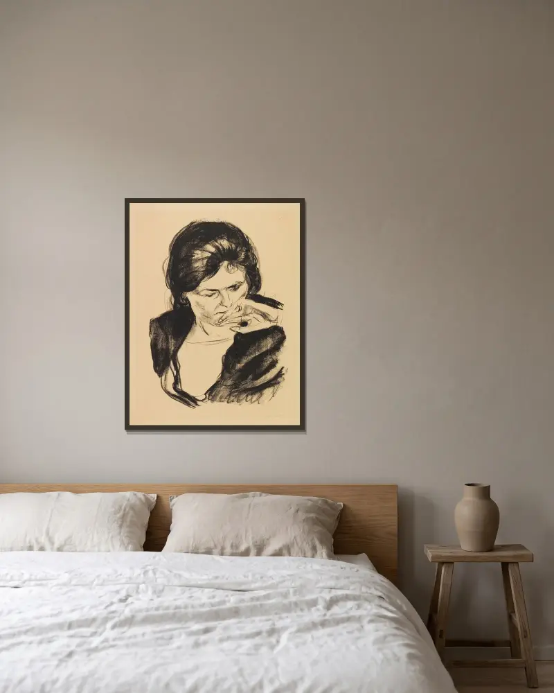 Frauenkopf mit der Hand am Mund av Edvard Munch inramad på en vägg