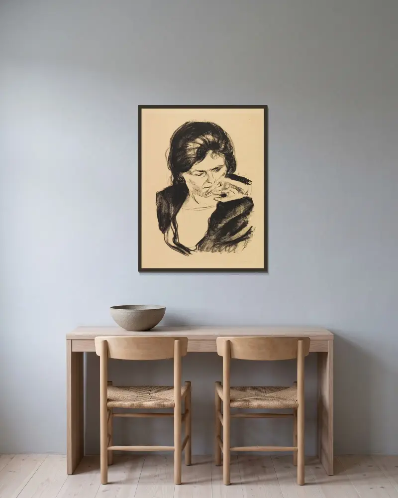 Frauenkopf mit der Hand am Mund av Edvard Munch inramad på en vägg