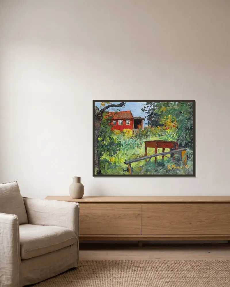 Garten mit rotem Haus von Edvard Munch gerahmt an einer Wand
