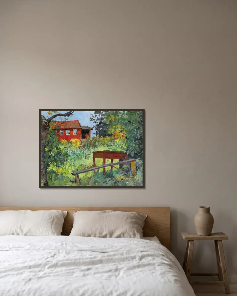 Garten mit rotem Haus von Edvard Munch gerahmt an einer Wand