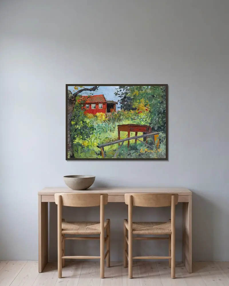 Garten mit rotem Haus von Edvard Munch gerahmt an einer Wand
