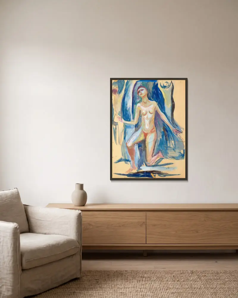 Kniende Frauenfigur von Edvard Munch gerahmt an einer Wand