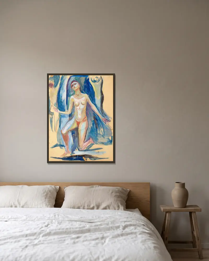 Kniende Frauenfigur von Edvard Munch gerahmt an einer Wand