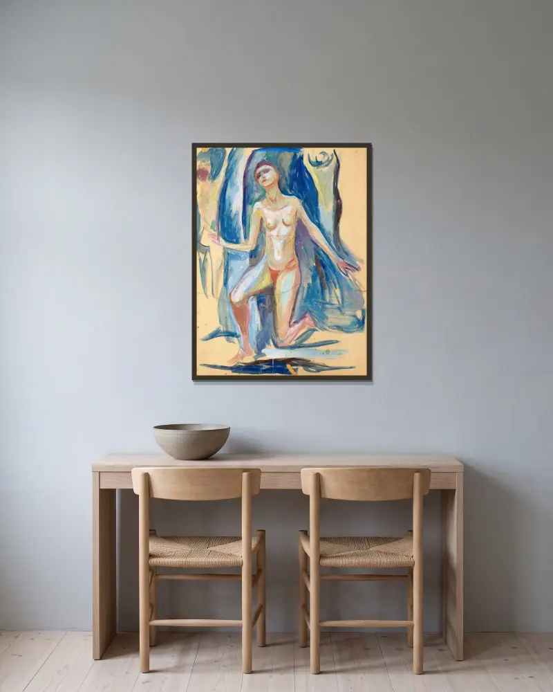Kniende Frauenfigur von Edvard Munch gerahmt an einer Wand