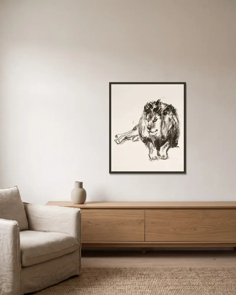 Liegender Löwe von Edvard Munch gerahmt an einer Wand