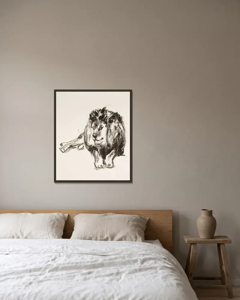 Liegender Löwe von Edvard Munch gerahmt an einer Wand