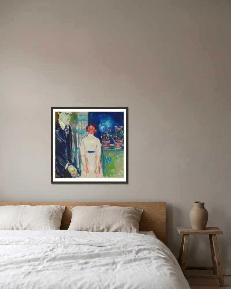 Mann und Frau am Fenster mit Topfpflanzen von Edvard Munch gerahmt an einer Wand
