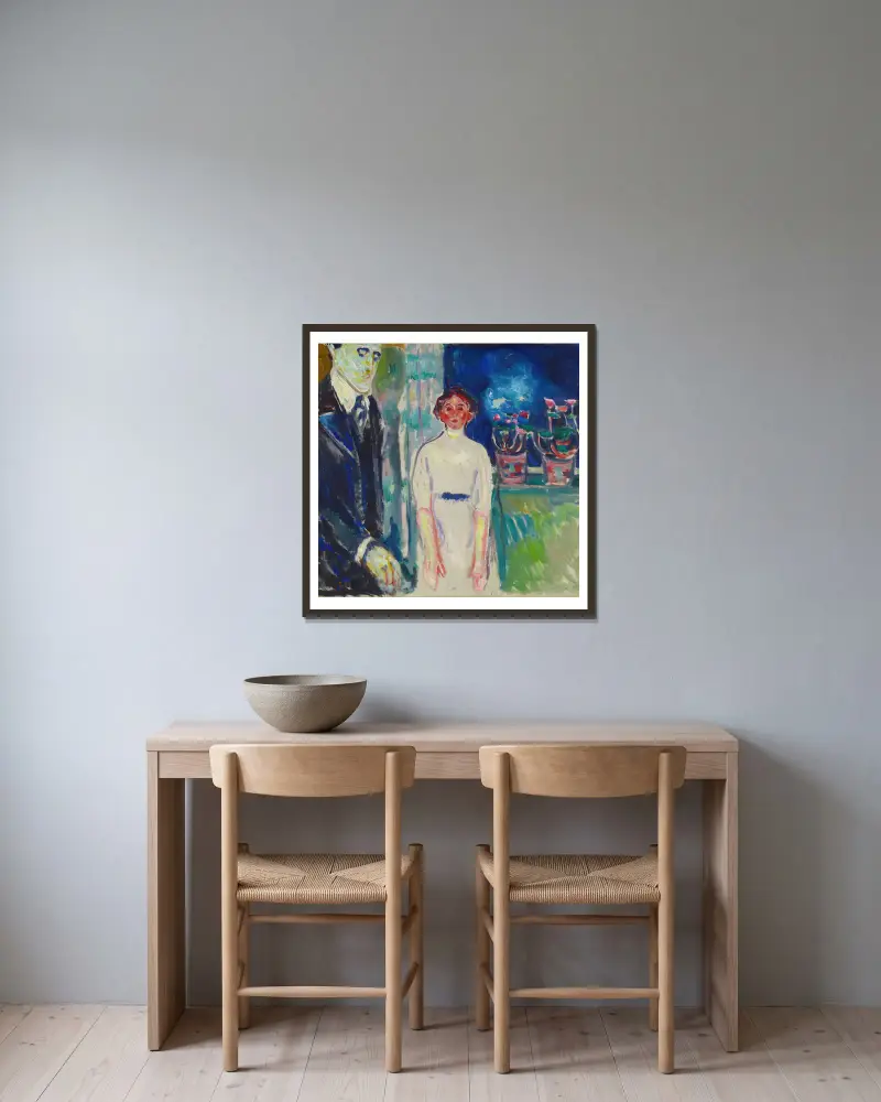 Mann und Frau am Fenster mit Topfpflanzen von Edvard Munch gerahmt an einer Wand