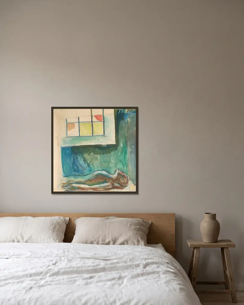 Manskropp på obduksjonsbordet av Edvard Munch inramad på en vägg