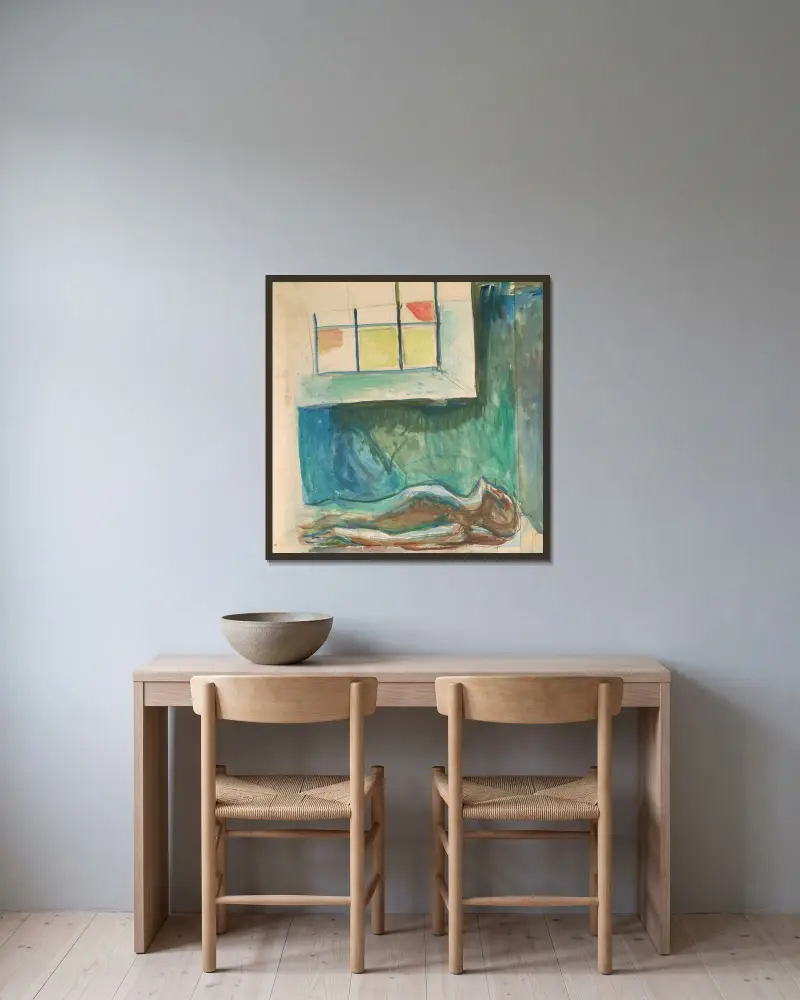 Manskropp på obduksjonsbordet av Edvard Munch inramad på en vägg