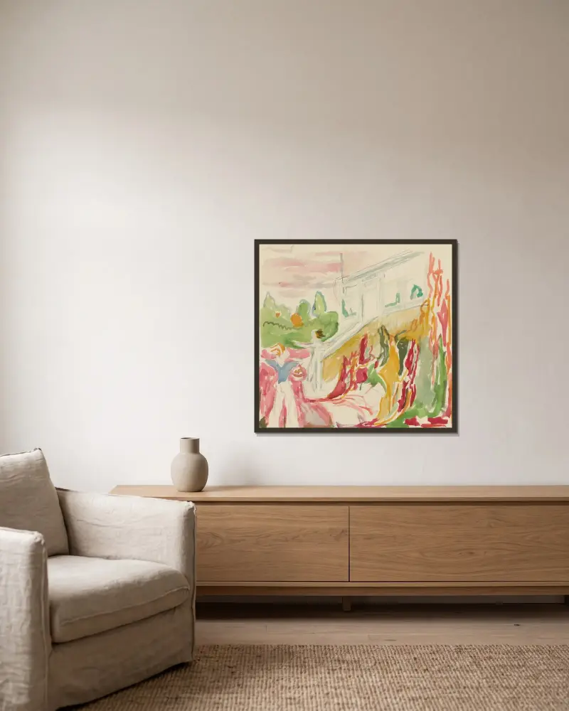 Begegnung auf der Veranda von Edvard Munch gerahmt an einer Wand