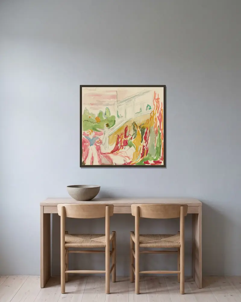 Begegnung auf der Veranda von Edvard Munch gerahmt an einer Wand