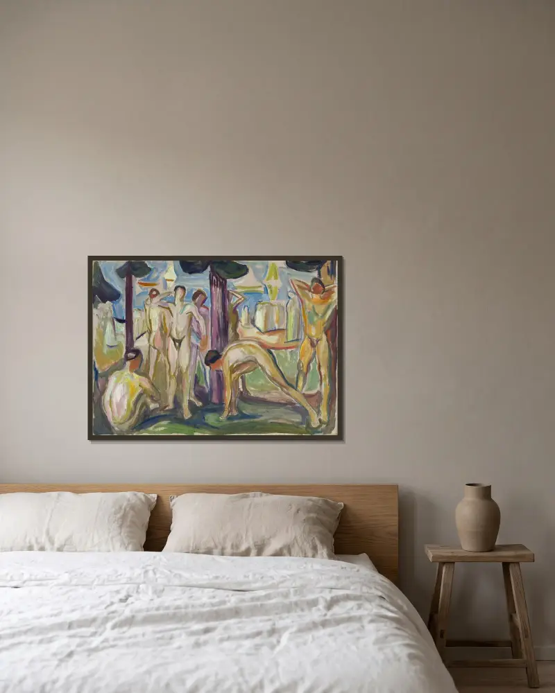 Nackte Männer in Landschaft von Edvard Munch gerahmt an einer Wand