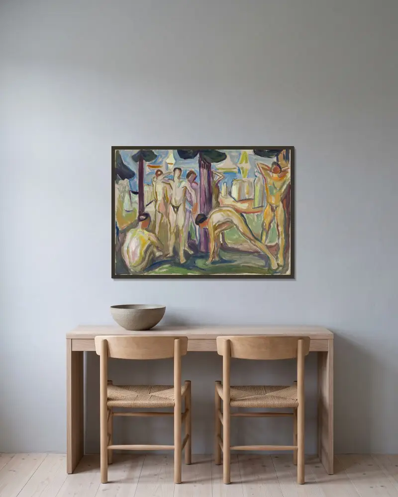 Nackte Männer in Landschaft von Edvard Munch gerahmt an einer Wand