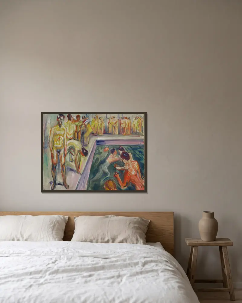 Naked Men in Swimming Pool av Edvard Munch inramad på en vägg