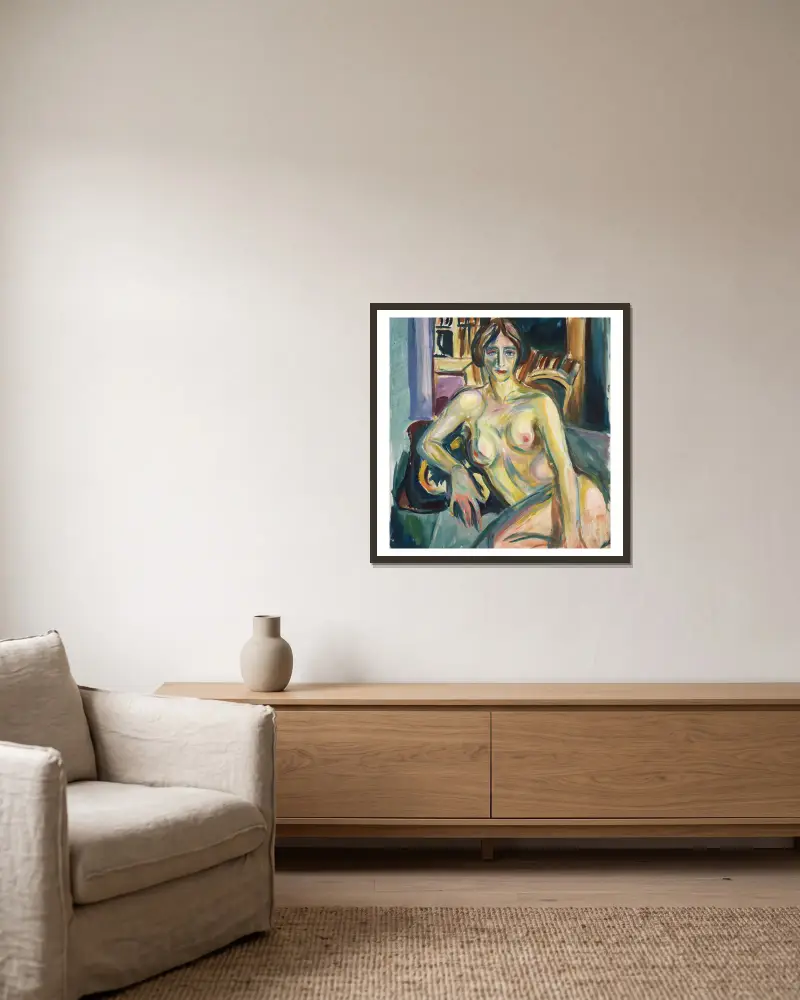 Akt sedící na pohovce, Edvard Munch v rámu na stěně