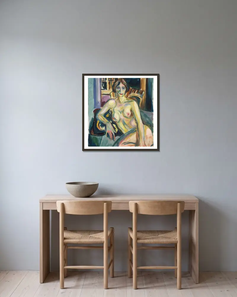 Akt sedící na pohovce, Edvard Munch v rámu na stěně