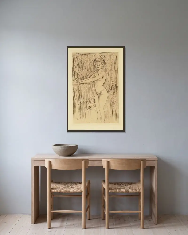 Nackte Frau (Modell, die sich die Hände wärmt) von Edvard Munch gerahmt an einer Wand