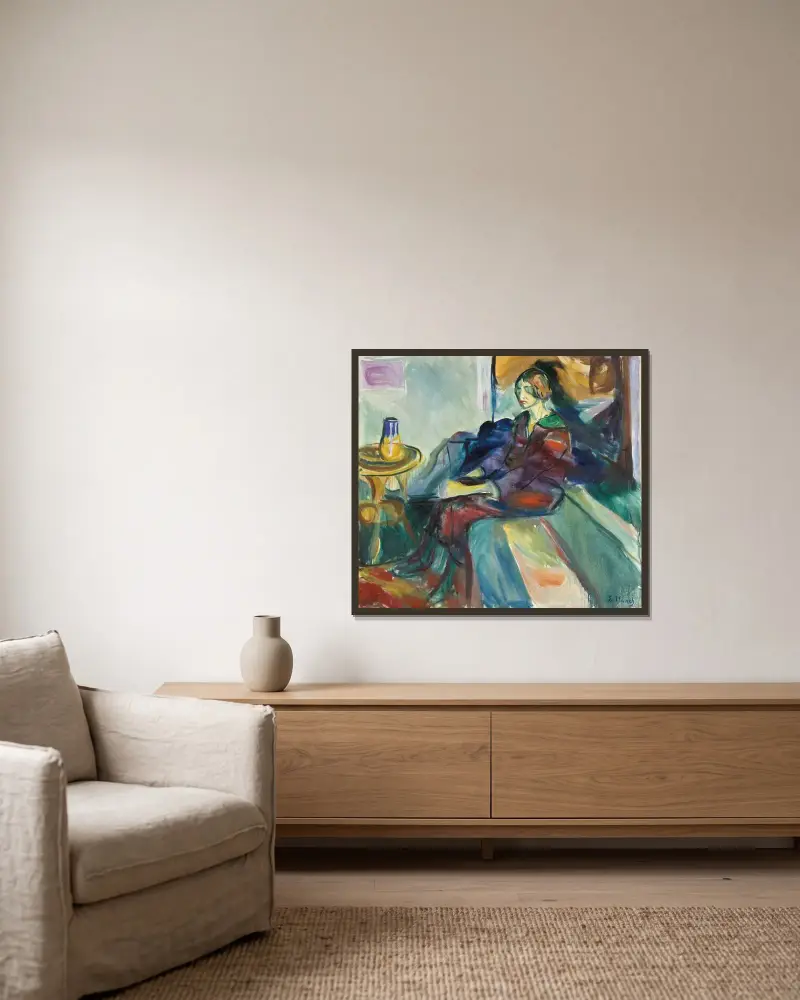 Sittande modell i soffan II, Edvard Munch v rámu na stěně