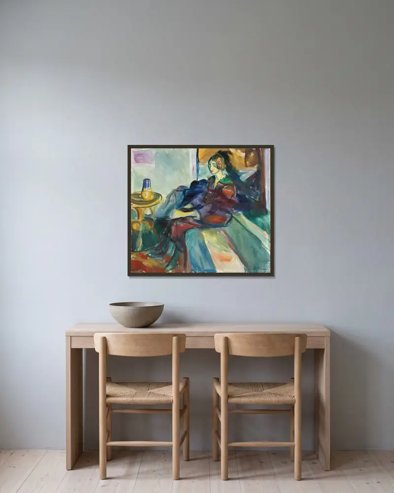 Sittande modell i soffan II, Edvard Munch v rámu na stěně