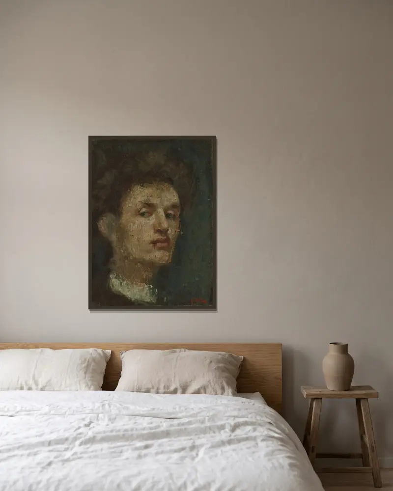 Selbstporträt, 1886 von Edvard Munch gerahmt an einer Wand