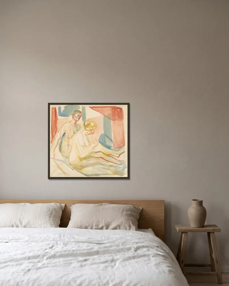 Sittende naken mann og kvinne av Edvard Munch inramad på en vägg