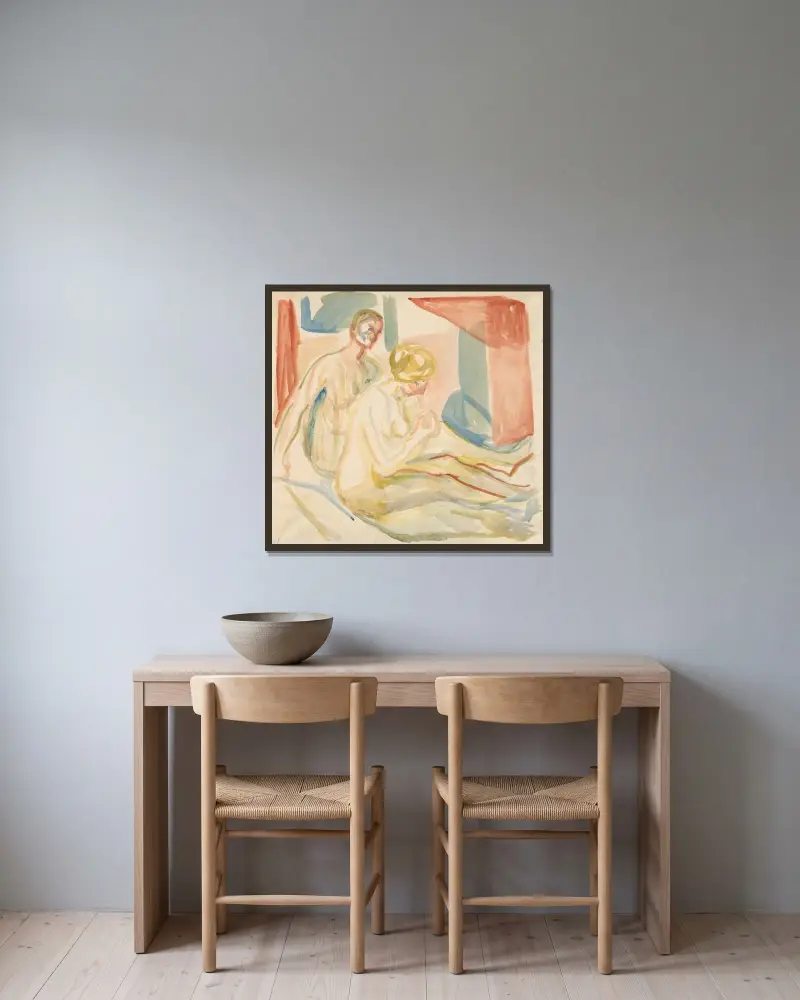 Sittende naken mann og kvinne av Edvard Munch inramad på en vägg