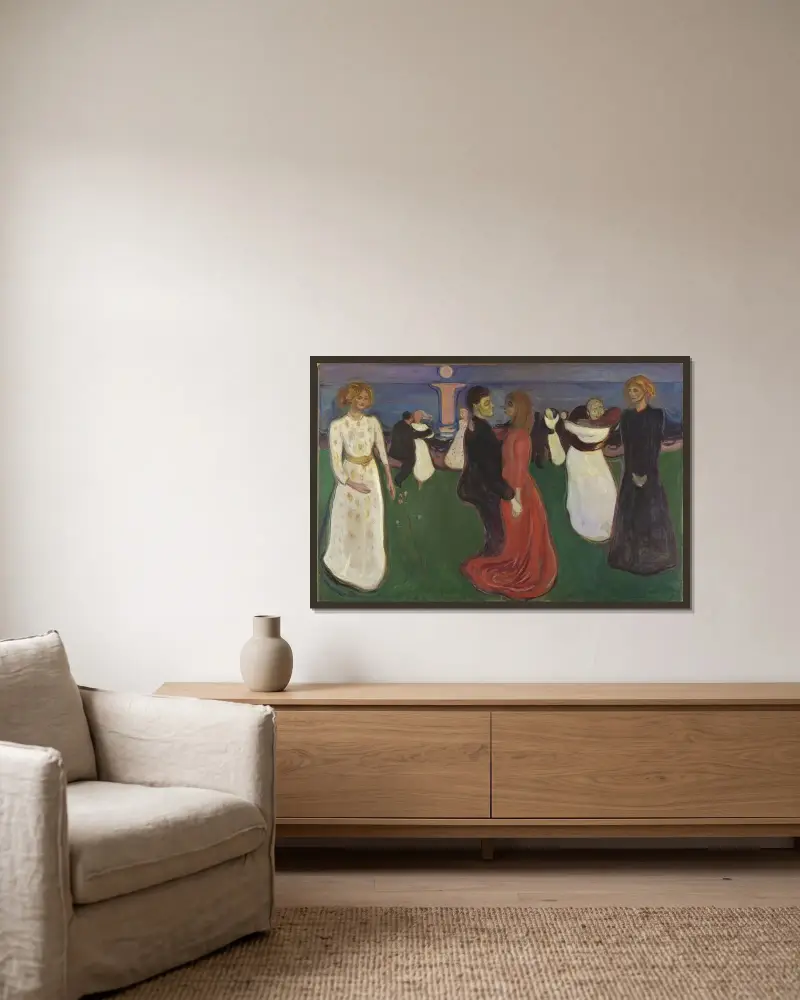 The Dance of Life av Edvard Munch inramad på en vägg