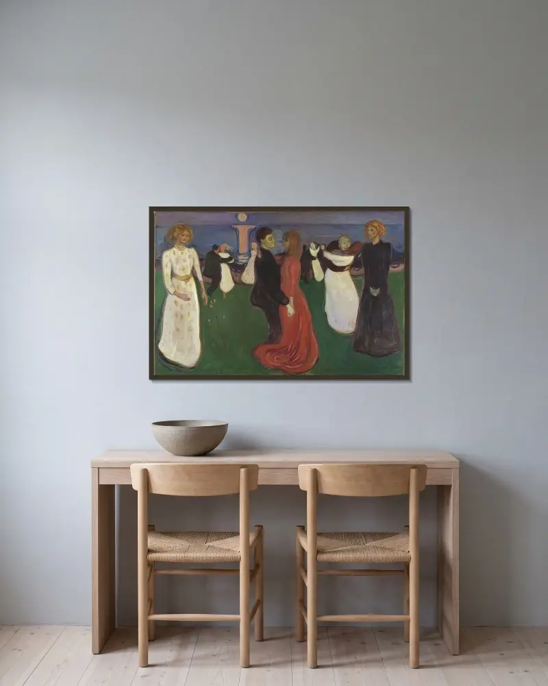 The Dance of Life av Edvard Munch inramad på en vägg