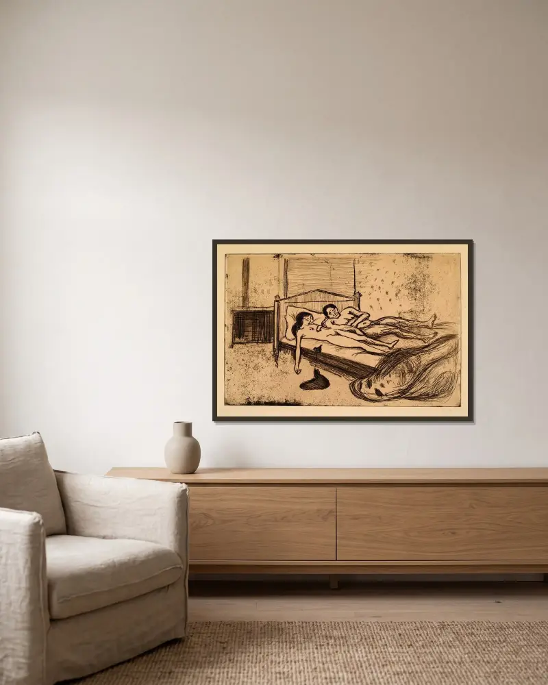 Die toten Liebenden (Doppelselbstmord) von Edvard Munch gerahmt an einer Wand